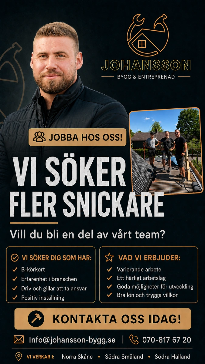 Jobbannons i stående format - Vi söker snickare
